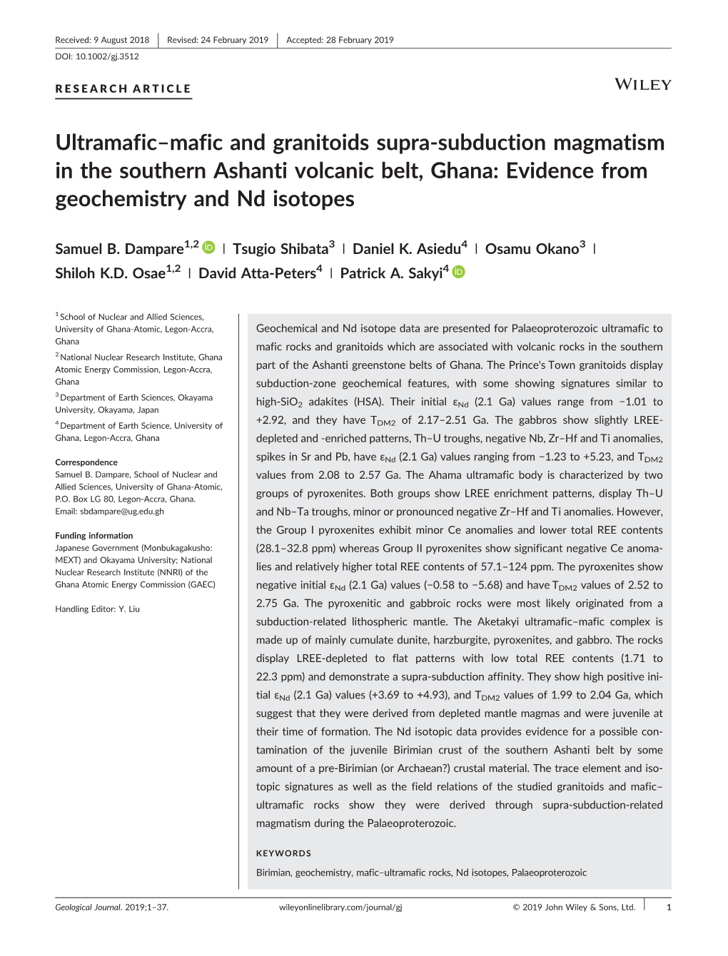 Ultramafic–Mafic and Granitoids Supra‐Subduction Magmatism in the Southern Ashanti Volcanic Belt, Ghana: Evidence from Geochemistry and Nd Isotopes
