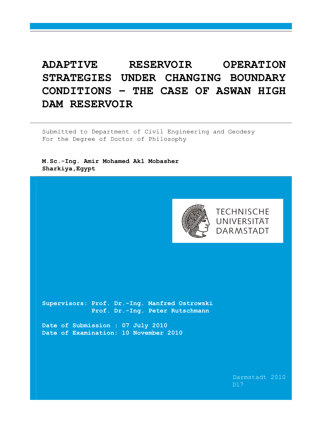 Adaptive Reservoir Operation Strategies Under Changing Boundary Conditions the Case of Aswan High Dam Reservoir