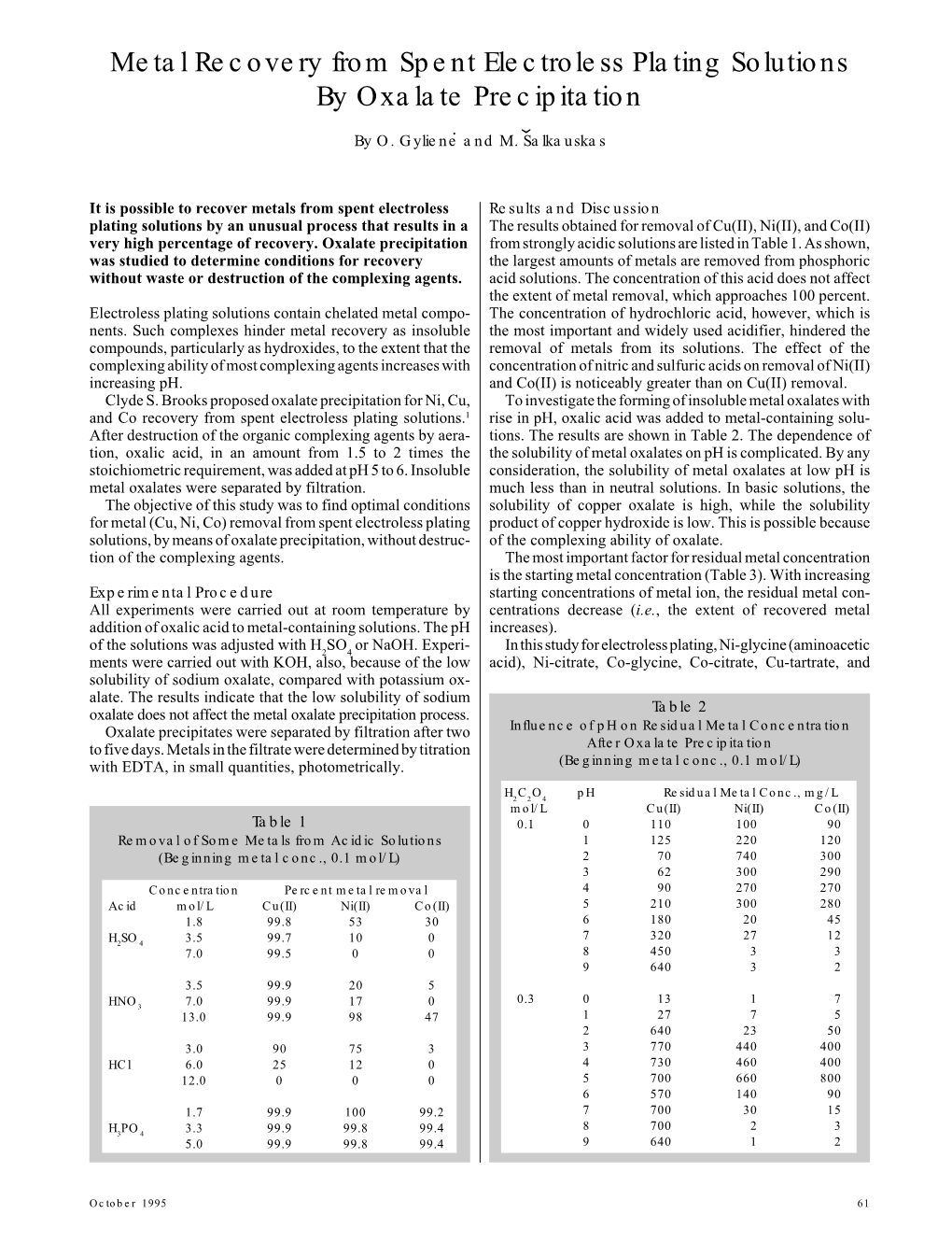 Metal Recovery from Spent Electroless Plating Solutions by Oxalate Precipitation