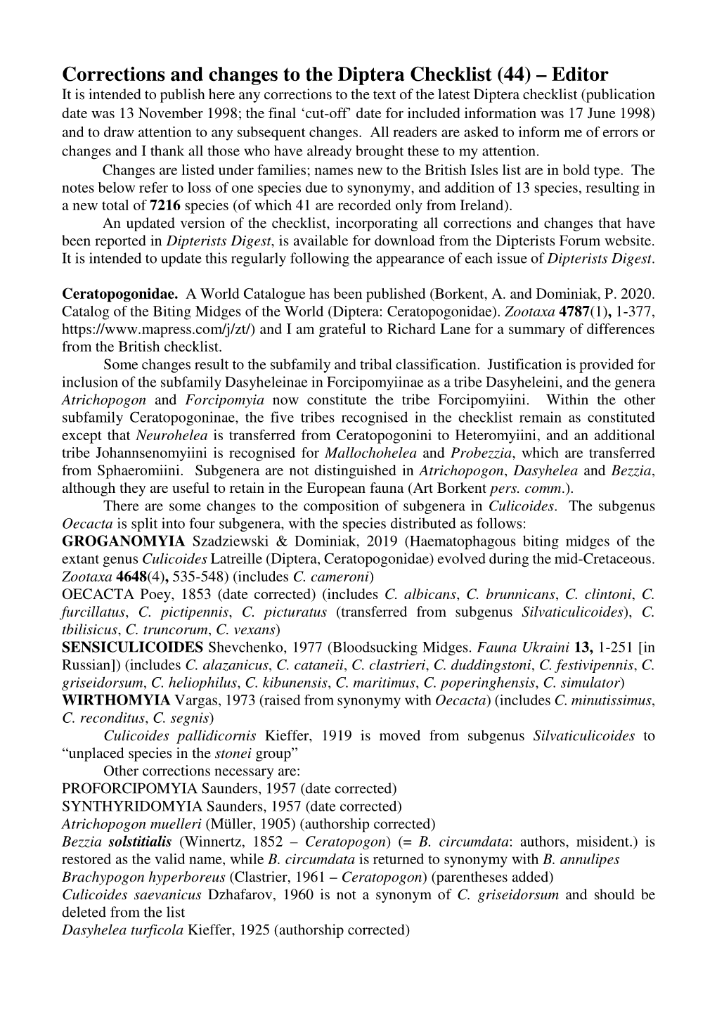 Corrections and Changes to the Diptera Checklist