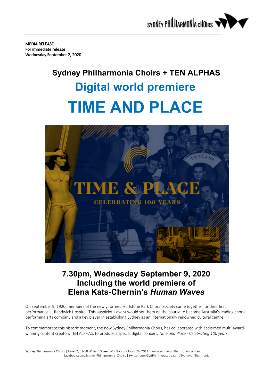 Media Release Sydney Philharmonia Choirs Time and Place Sept2020