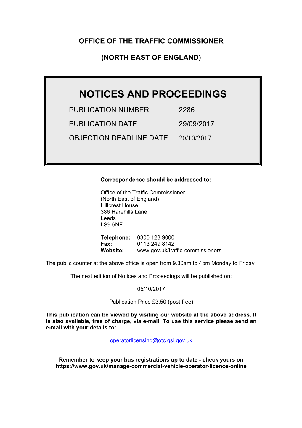 Notices and Proceedings: North East of England: 29 September 2017