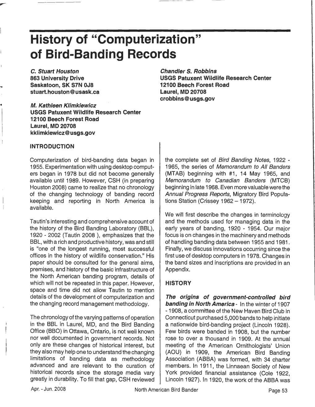 Of Bird-Banding Records