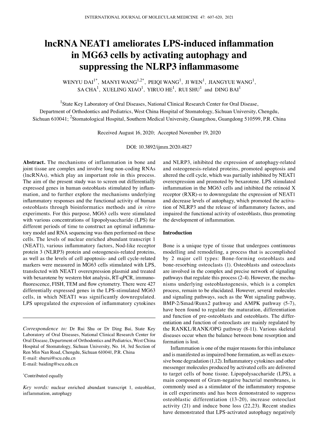 Lncrna NEAT1 Ameliorates LPS‑Induced Inflammation in MG63 Cells by Activating Autophagy and Suppressing the NLRP3 Inflammasome