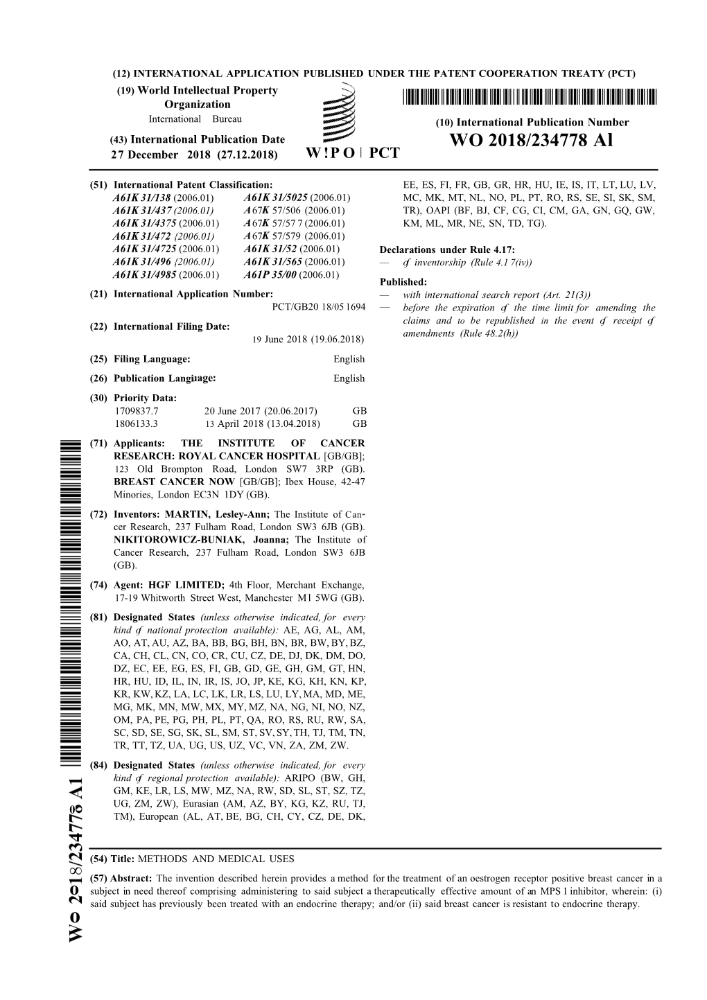 WO 2018/234778 Al 27 December 2018 (27.12.2018) W !P O PCT