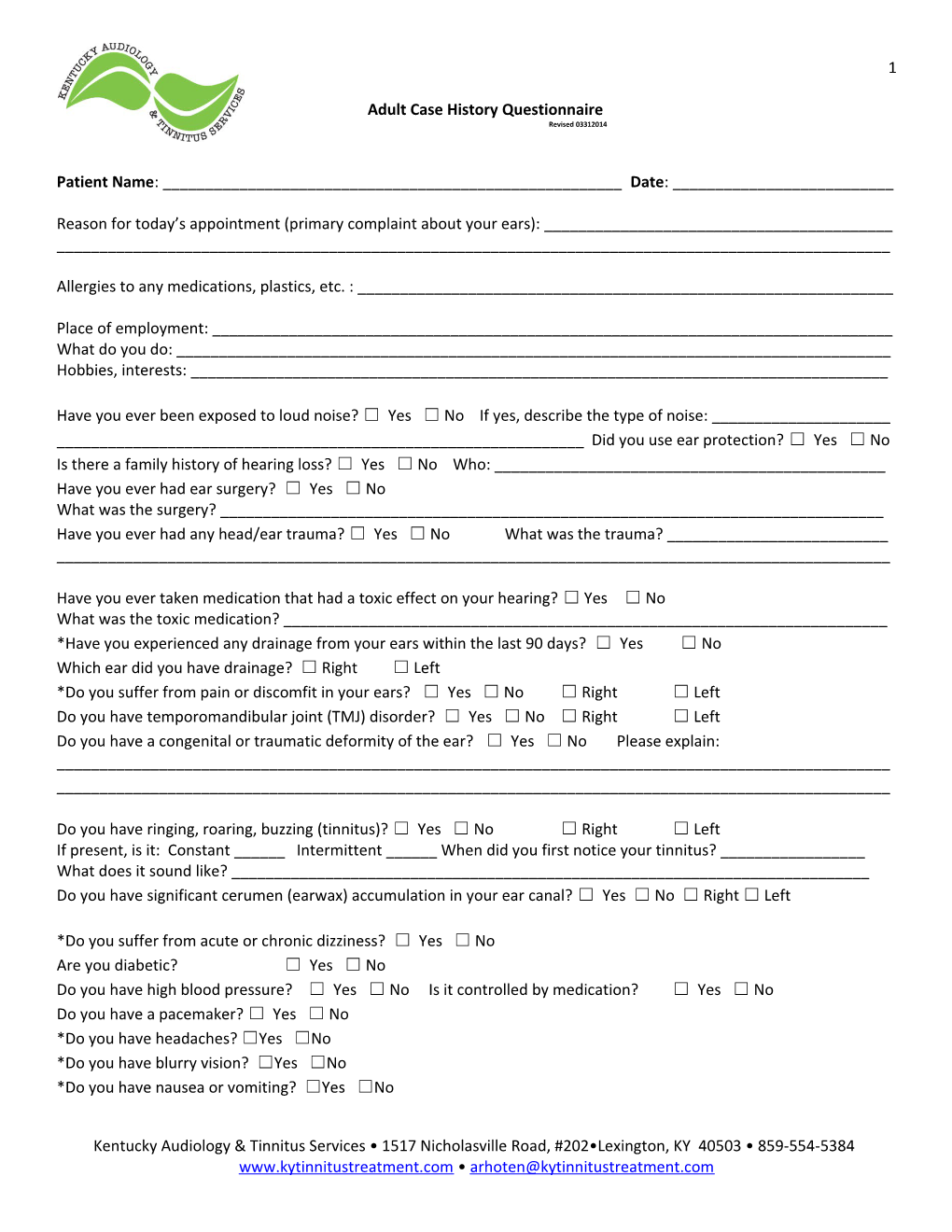 Adult Case History Questionnaire