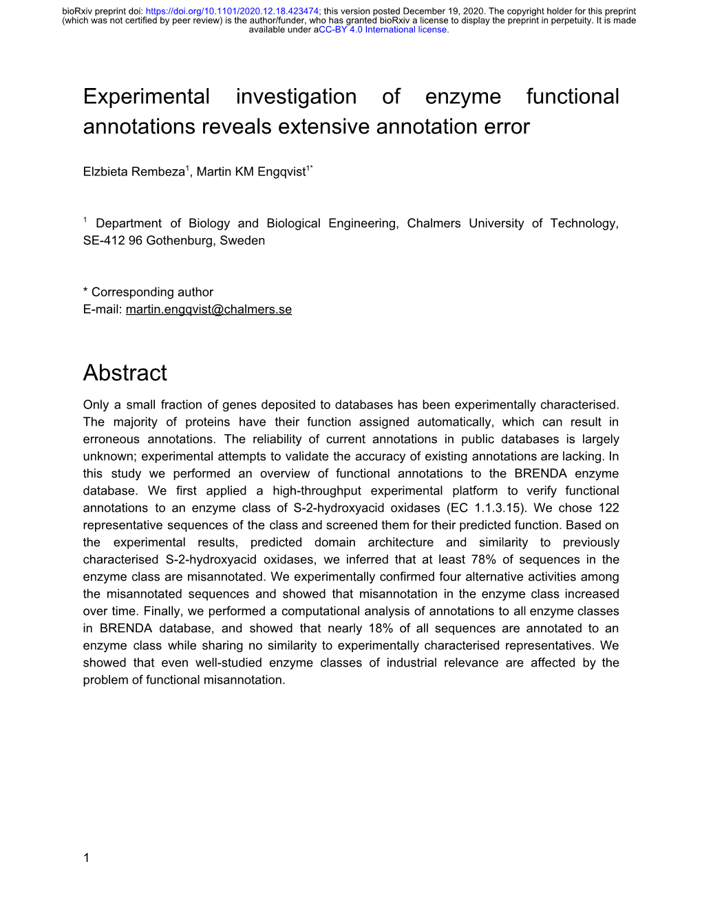 Experimental Investigation of Enzyme Functional Annotations Reveals Extensive Annotation Error