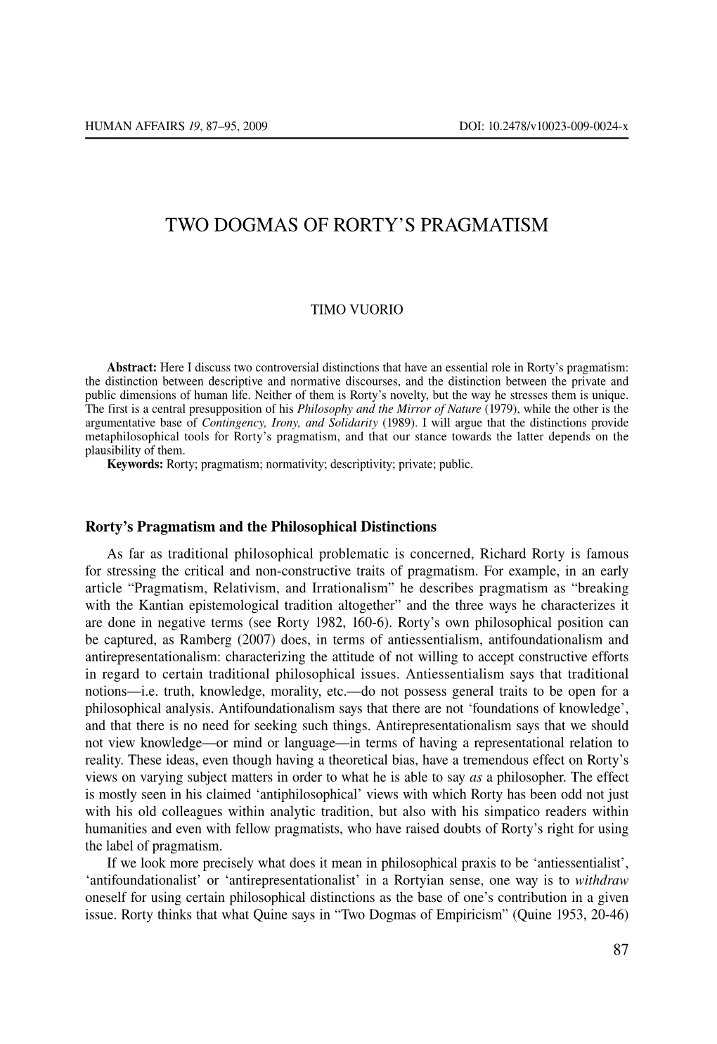 Two Dogmas of Rorty's Pragmatism