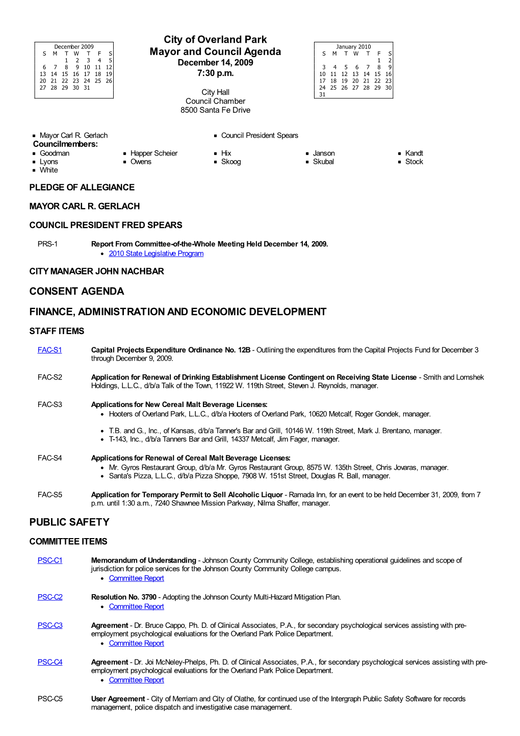 City Council Agenda 2009-12-14