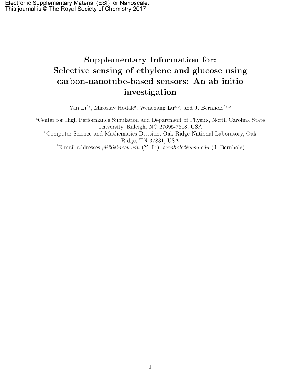 Supplementary Information For: Selective Sensing of Ethylene and Glucose Using Carbon-Nanotube-Based Sensors: an Ab Initio Investigation