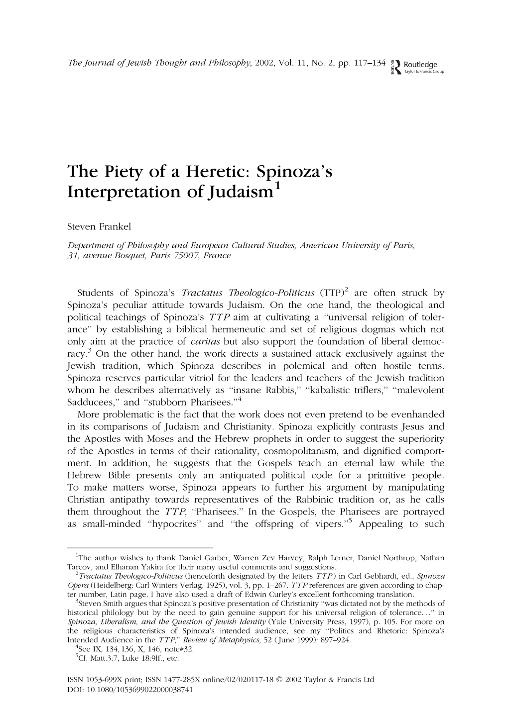 The Piety of a Heretic: Spinoza's Interpretation of Judaism