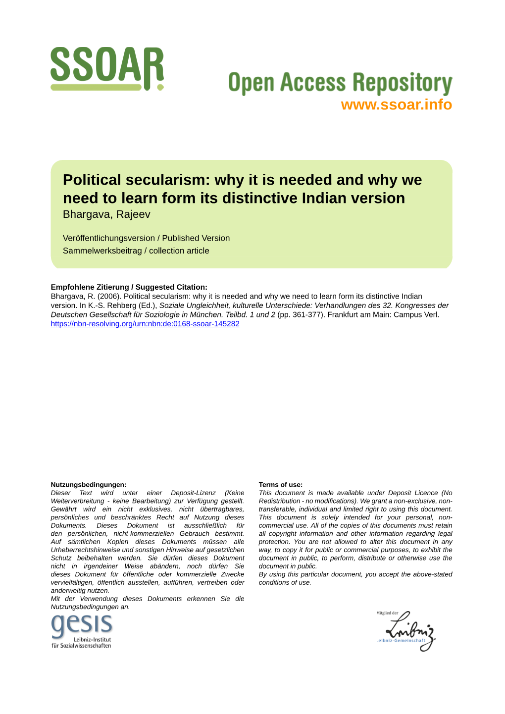 Political Secularism: Why It Is Needed and Why We Need to Learn Form Its Distinctive Indian Version Bhargava, Rajeev