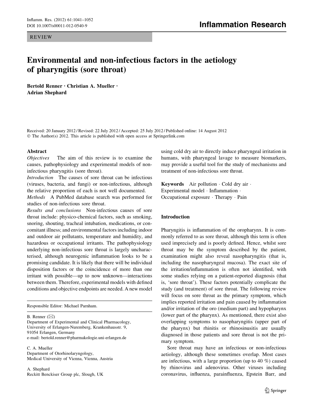 Environmental and Non-Infectious Factors in the Aetiology of Pharyngitis (Sore Throat)