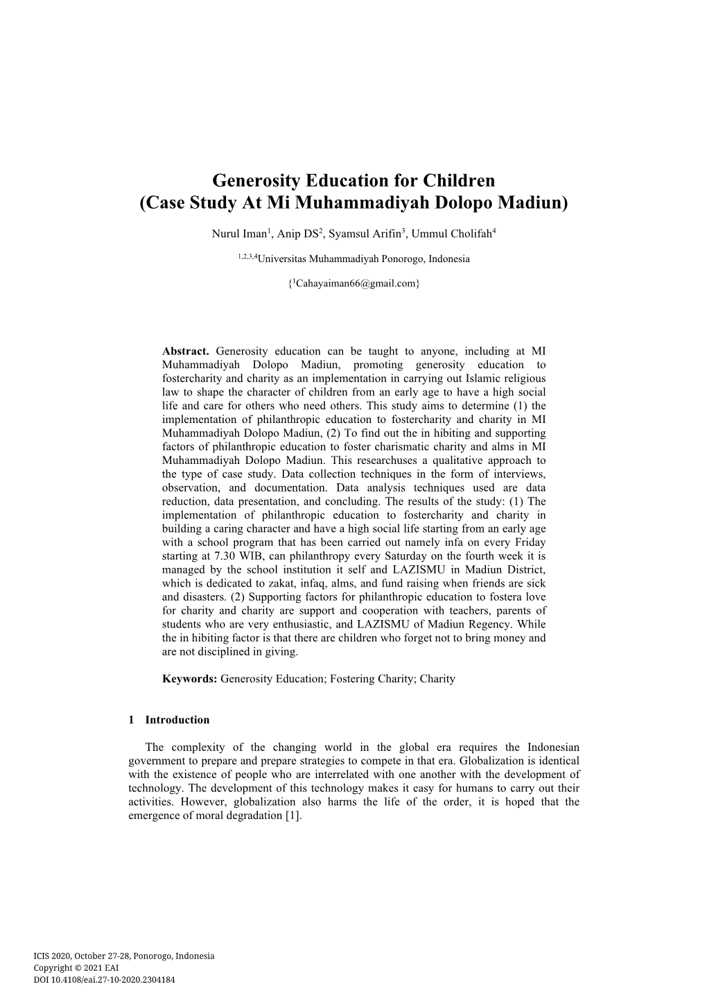 Generosity Education for Children (Case Study at Mi Muhammadiyah Dolopo Madiun)