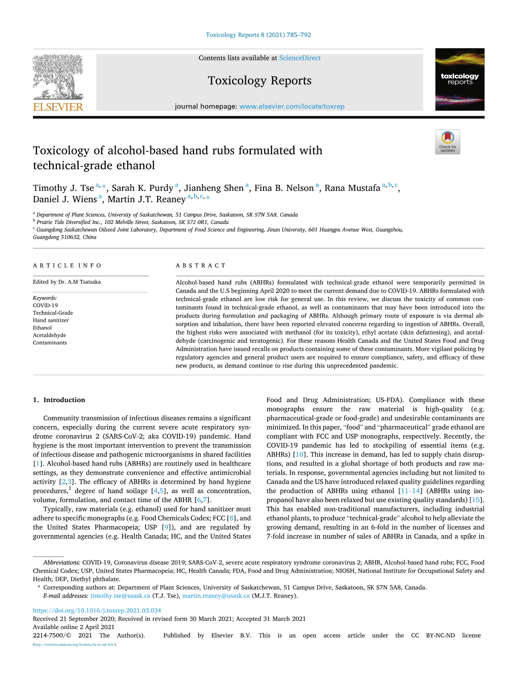 Toxicology of Alcohol-Based Hand Rubs Formulated with Technical-Grade Ethanol