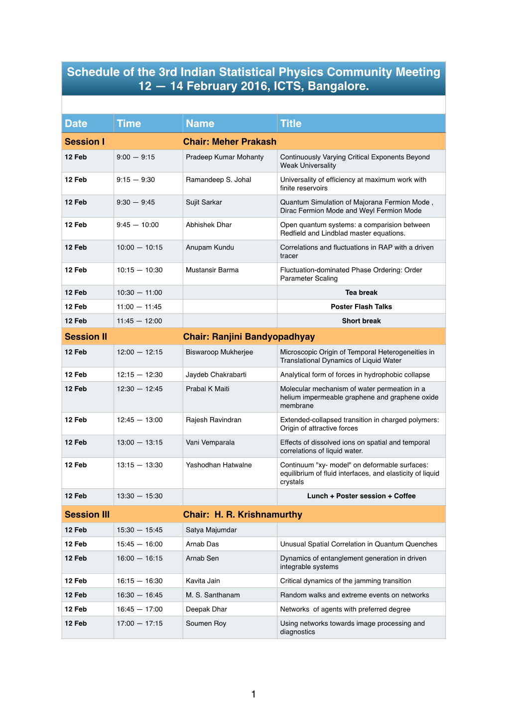 Schedule of the 3Rd Indian Statistical Physics Community Meeting 12 — 14 February 2016, ICTS, Bangalore