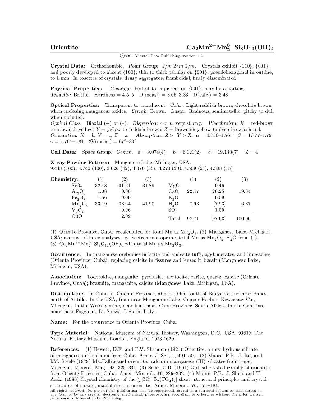 Orientite Ca2mn Mn2 Si3o10(OH)4 C 2001 Mineral Data Publishing, Version 1.2 ° Crystal Data: Orthorhombic