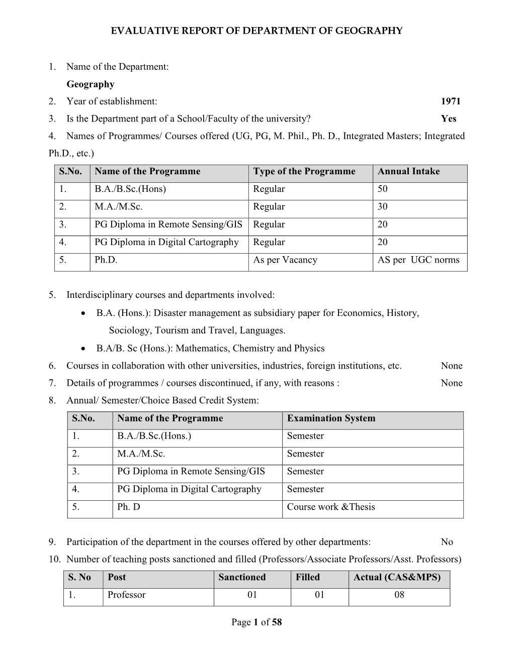 Evaluative Report of Department of Geography