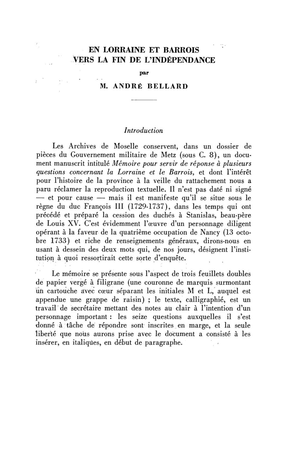 En Lorraine Et Barrois Vers La Fin De L'indépendance M