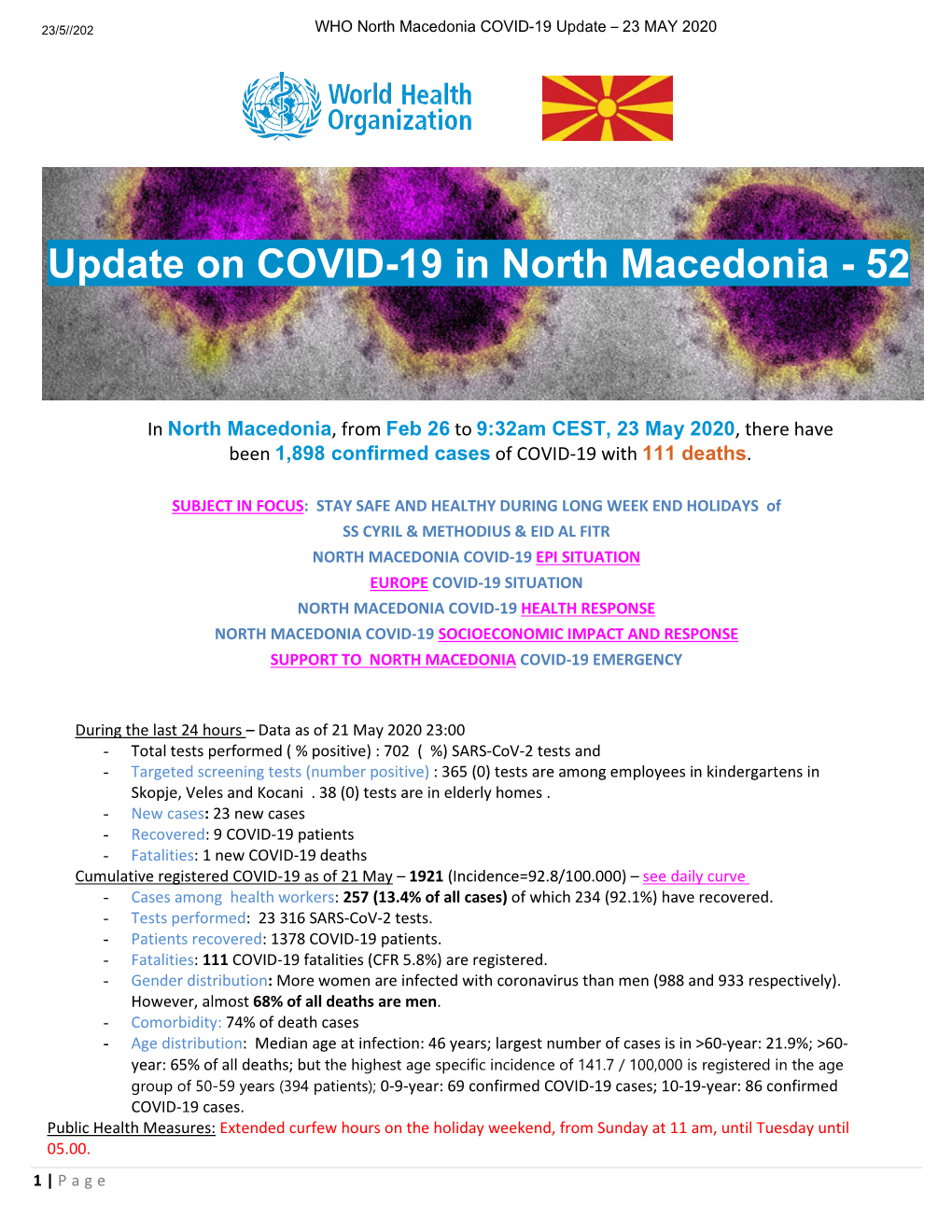 Update on COVID-19 in North Macedonia - 52