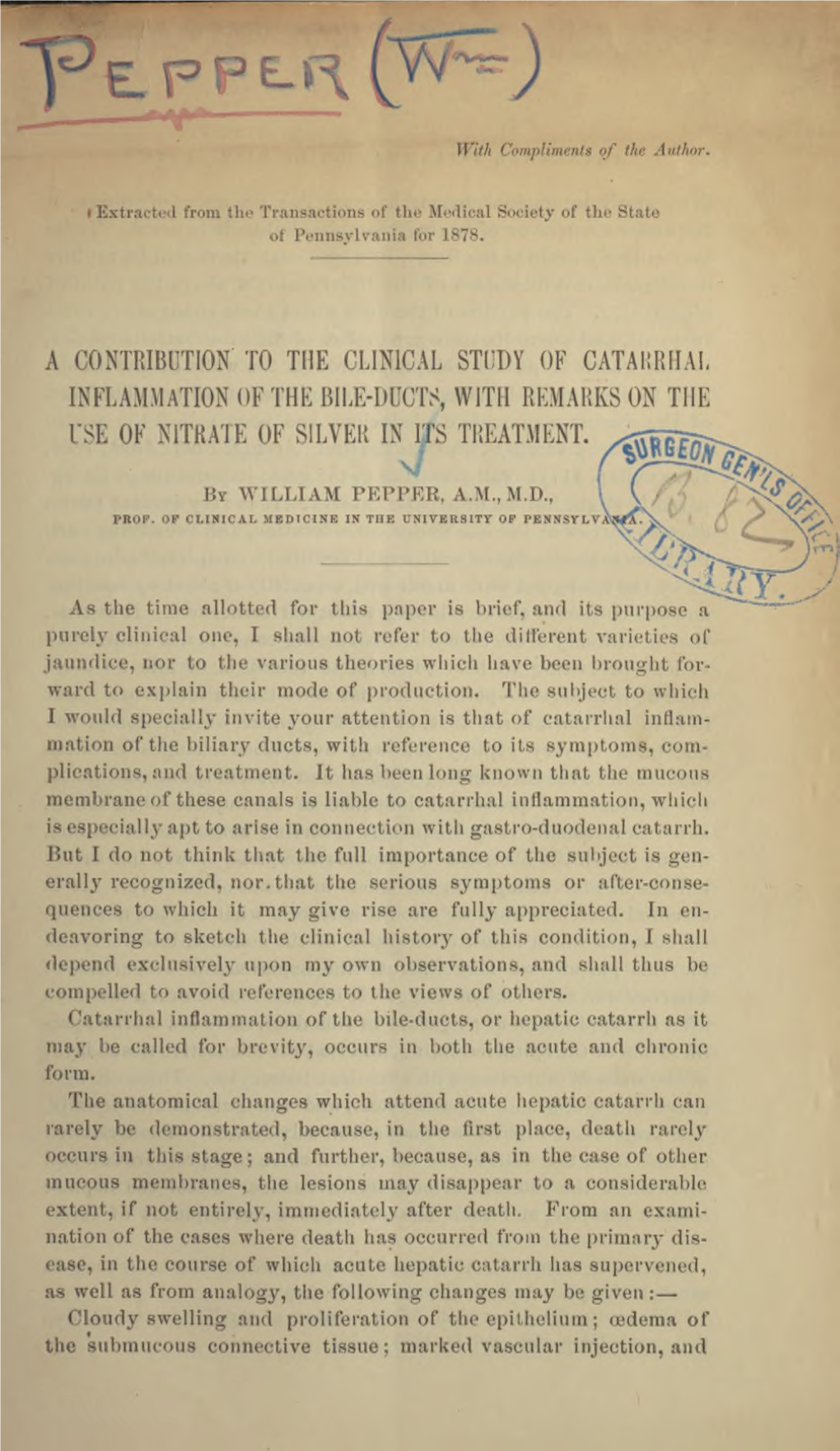 A Contribution to the Clinical Study of Catarrhal Inflammation of the Bile