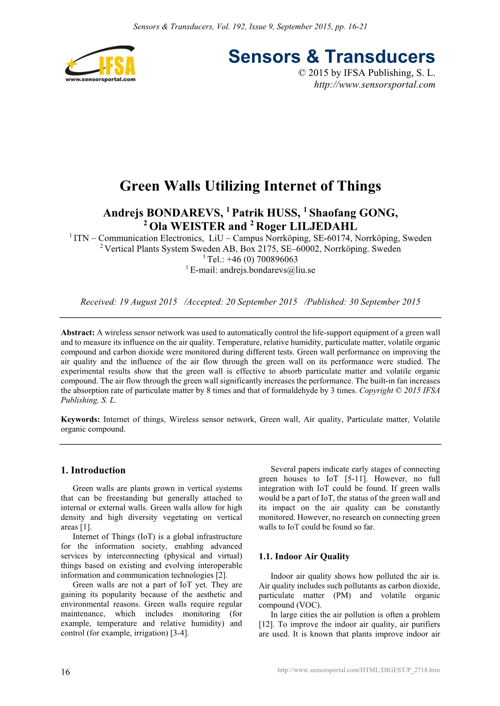 Green Walls Utilizing Internet of Things