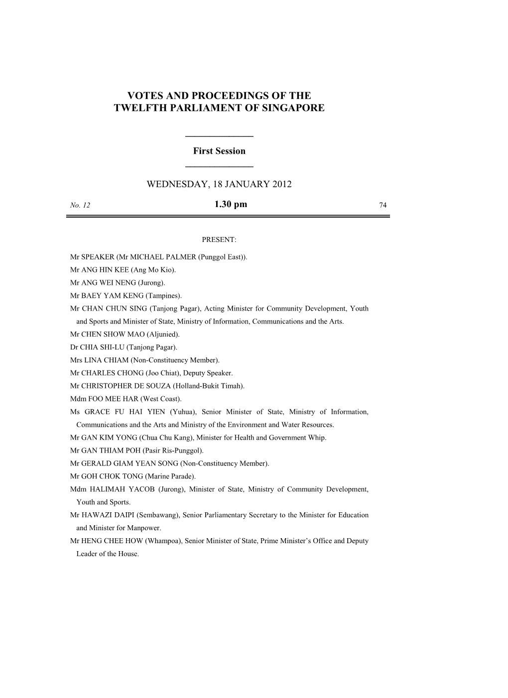 Votes and Proceedings of the Twelfth Parliament of Singapore