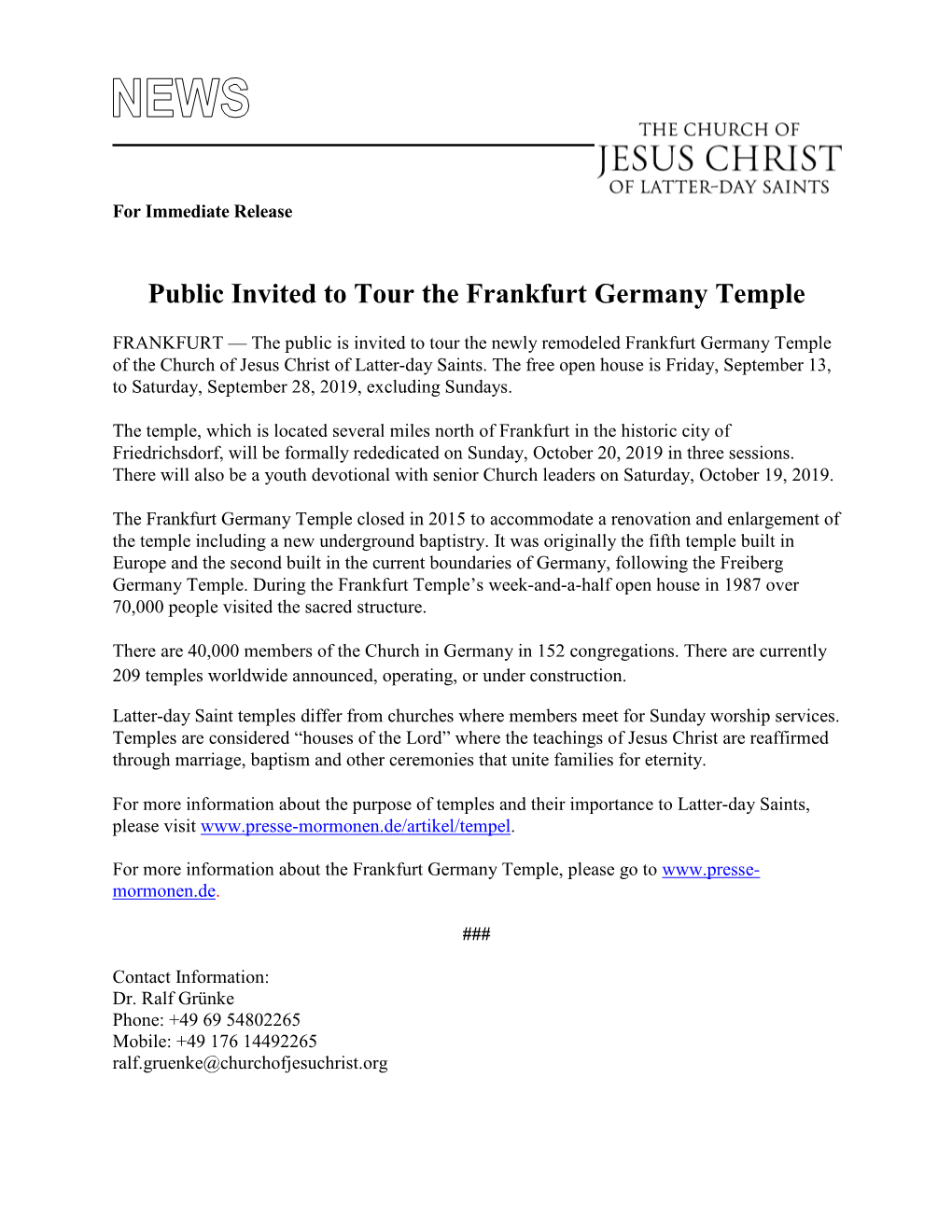 Public Invited to Tour the Frankfurt Germany Temple