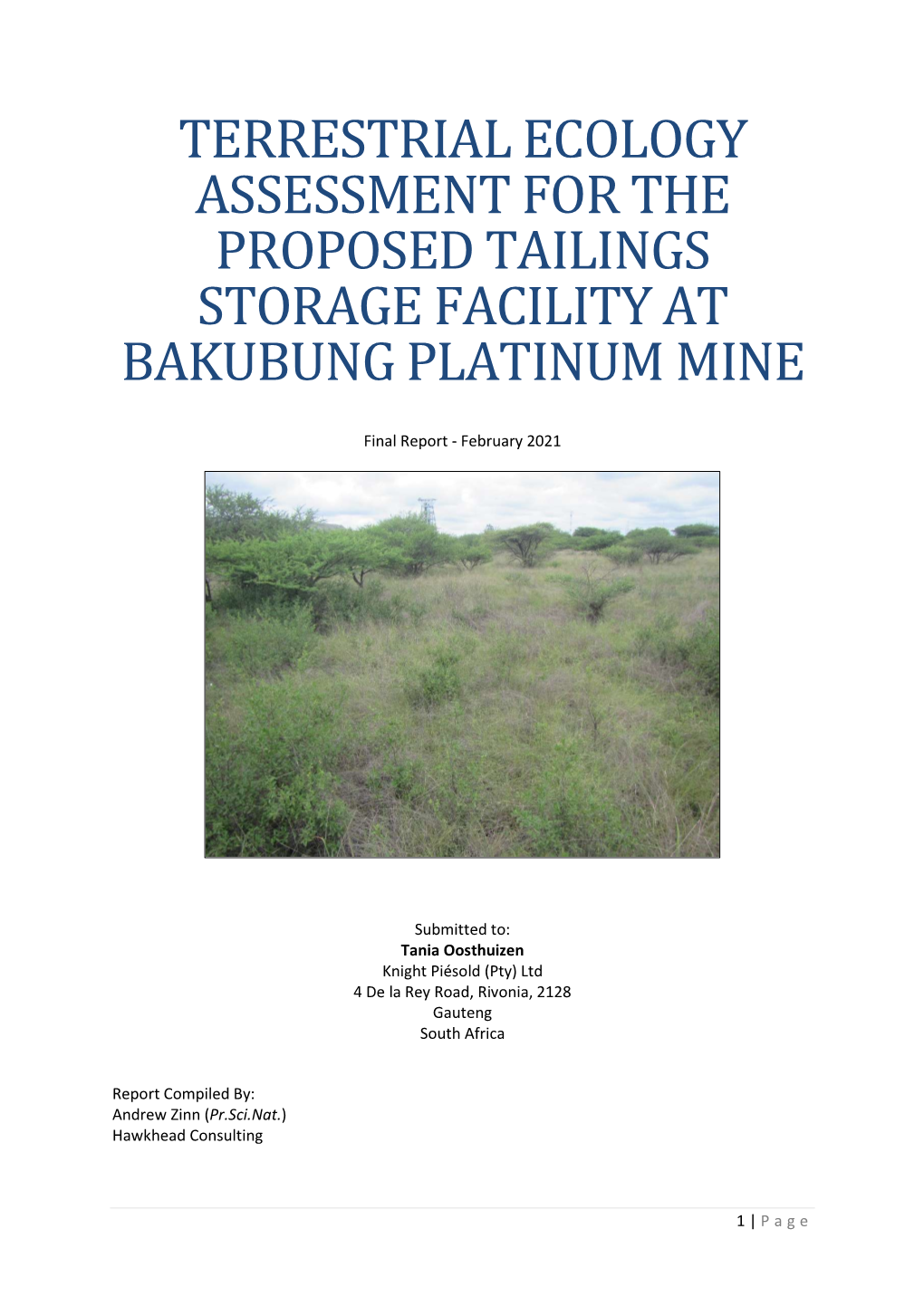 Terrestrial Ecology Assessment for the Proposed Tailings Storage Facility at Bakubung Platinum Mine