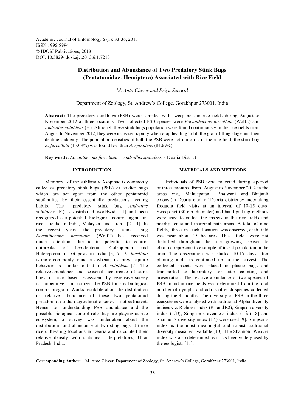 Distribution and Abundance of Two Predatory Stink Bugs (Pentatomidae: Hemiptera) Associated with Rice Field