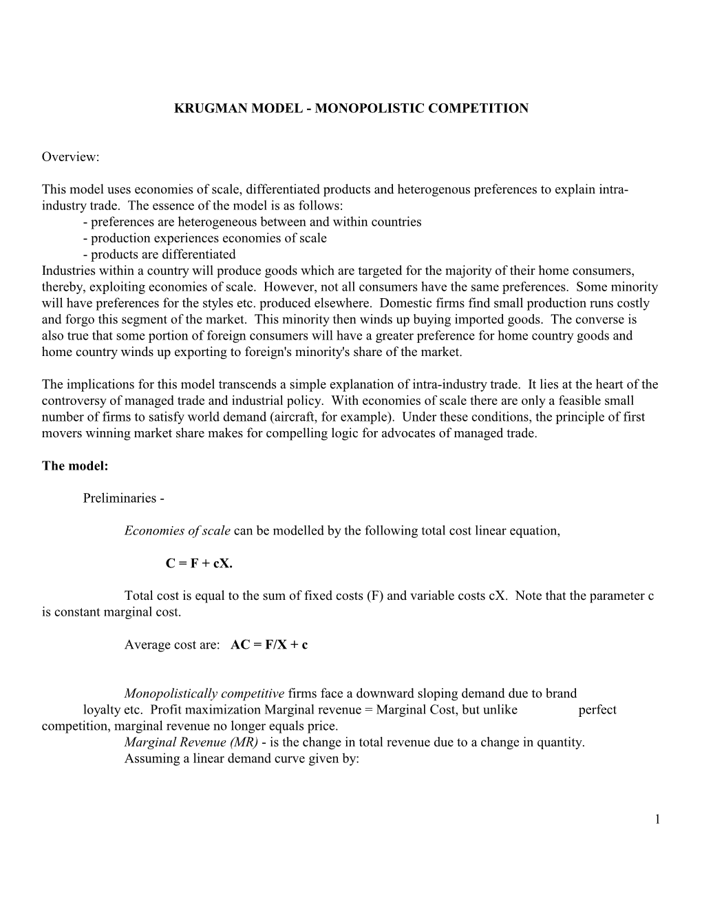 Krugman Model - Monopolistic Competition