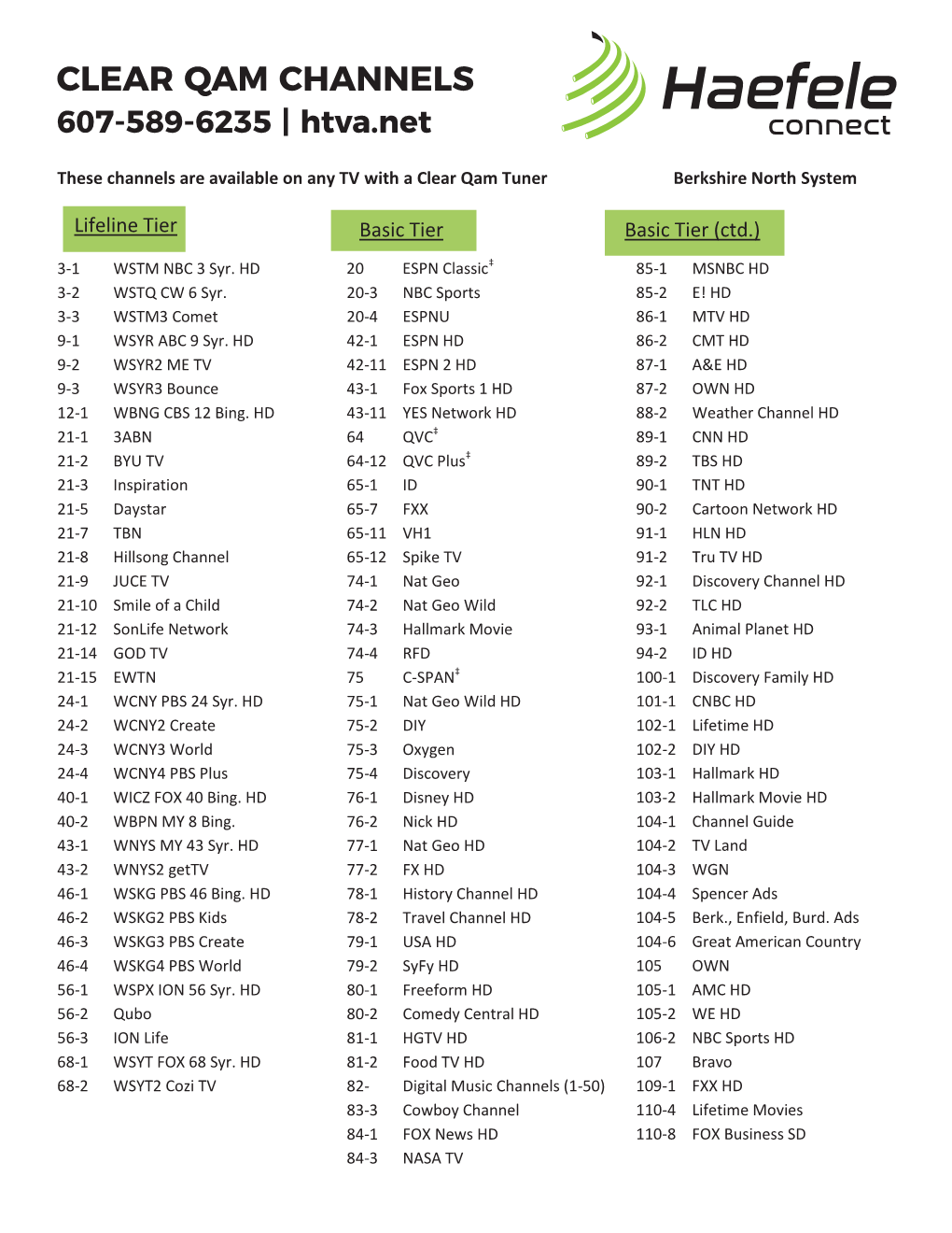 CLEAR QAM CHANNELS 607-589-6235 | Htva.Net