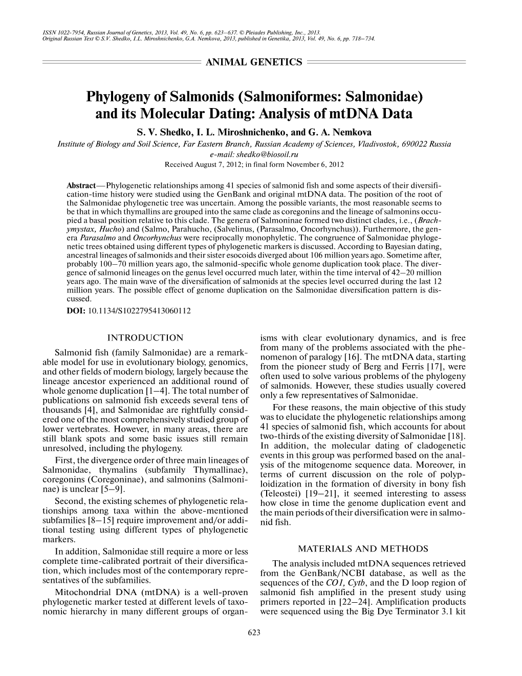 Phylogeny of Salmonids (Salmoniformes: Salmonidae) and Its Molecular Dating: Analysis of Mtdna Data S