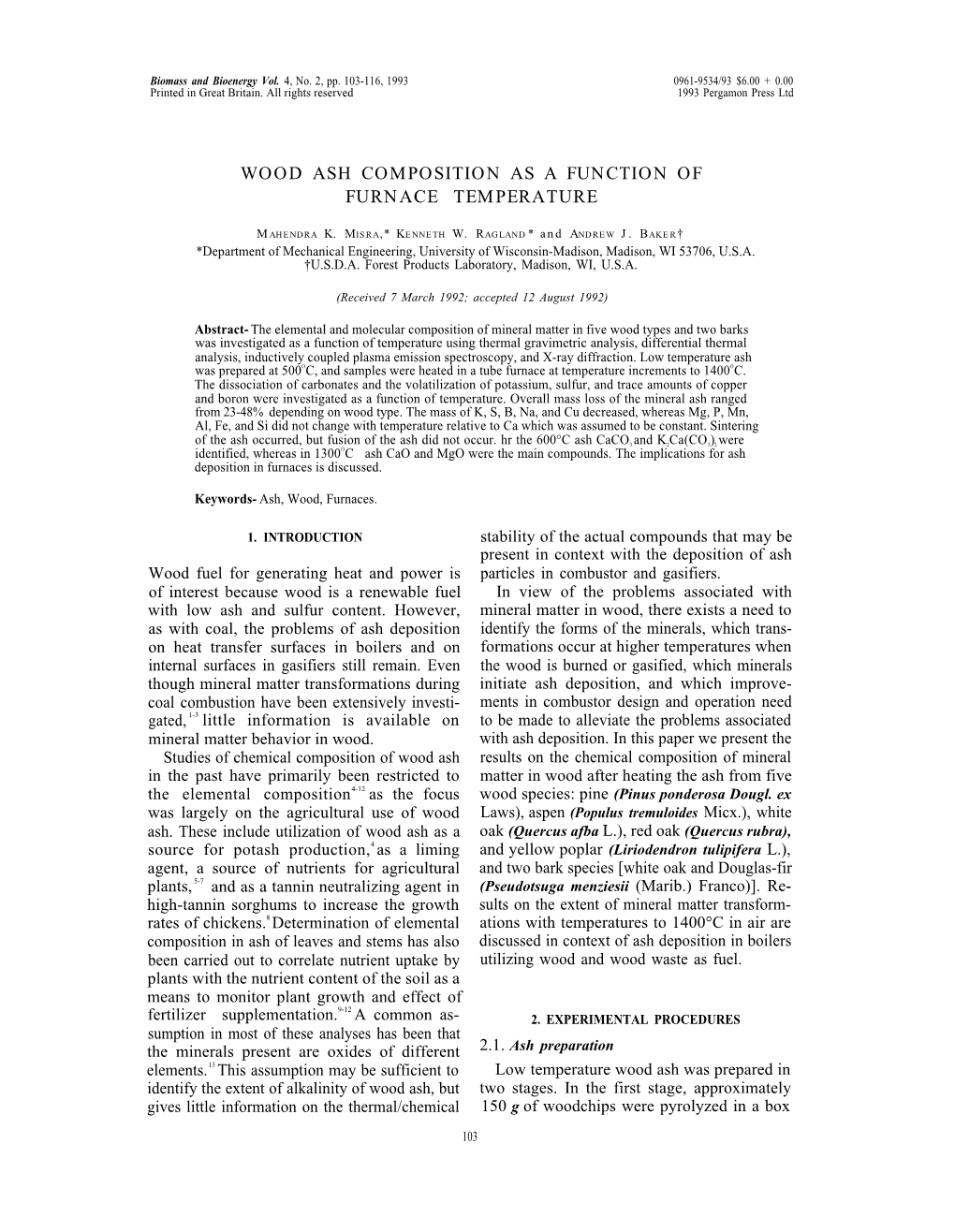 Wood Ash Composition As a Function of Furnace Temperature