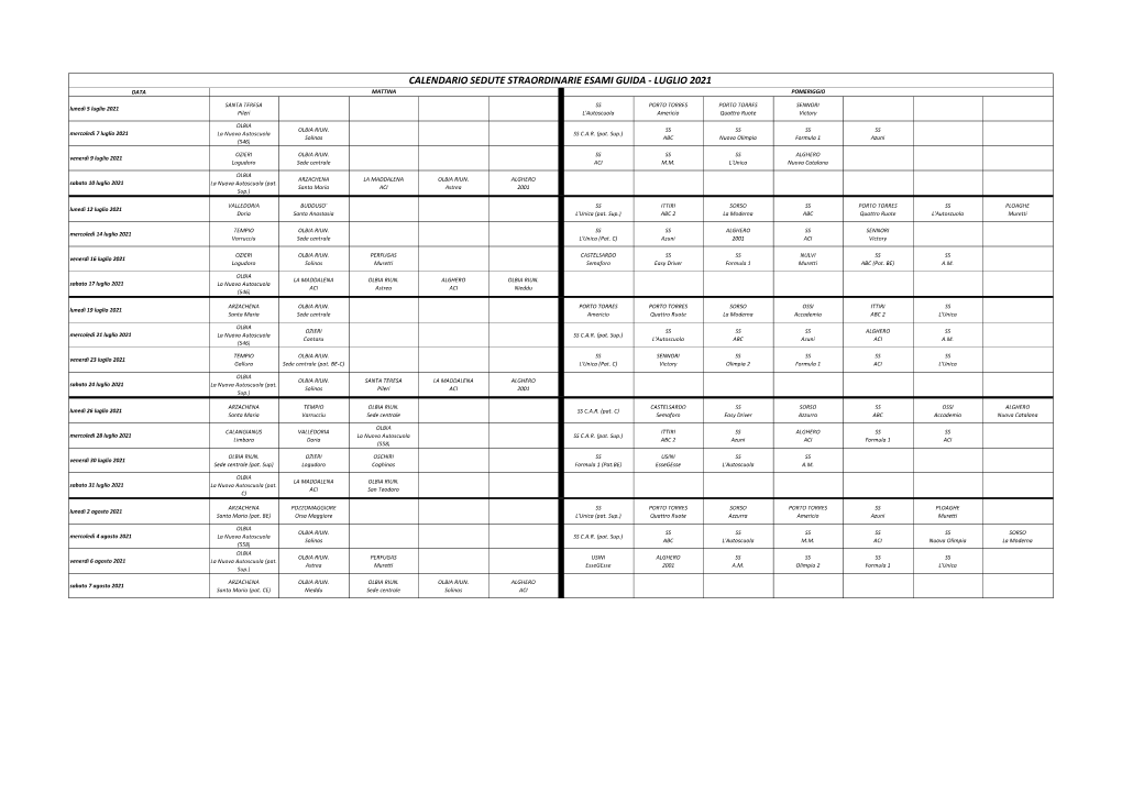 Calendario Sedute Straordinarie Esami Guida - Luglio 2021 Data Mattina Pomeriggio