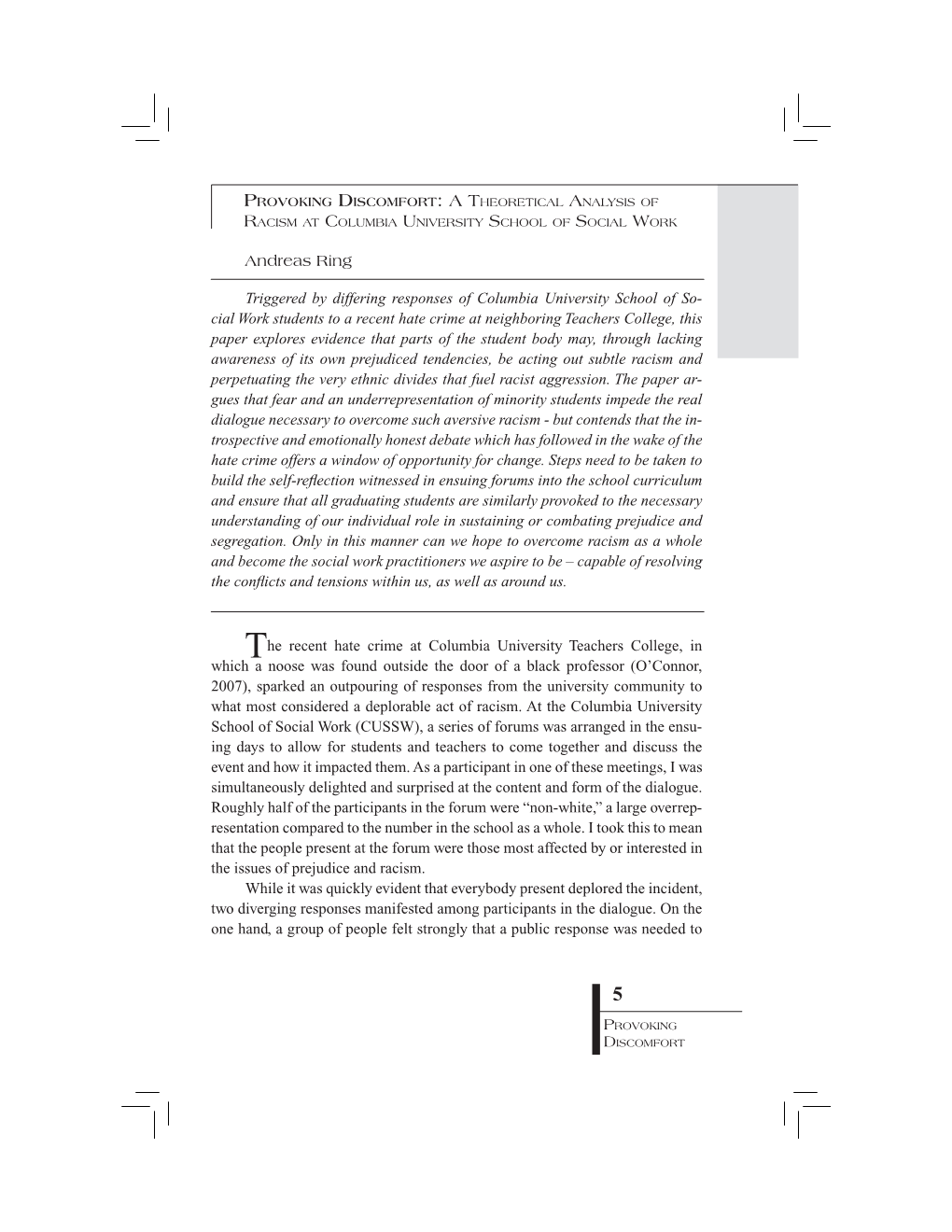 Provoking Discomfort: a Theoretical Analysis of Racism at Columbia University School of Social Work