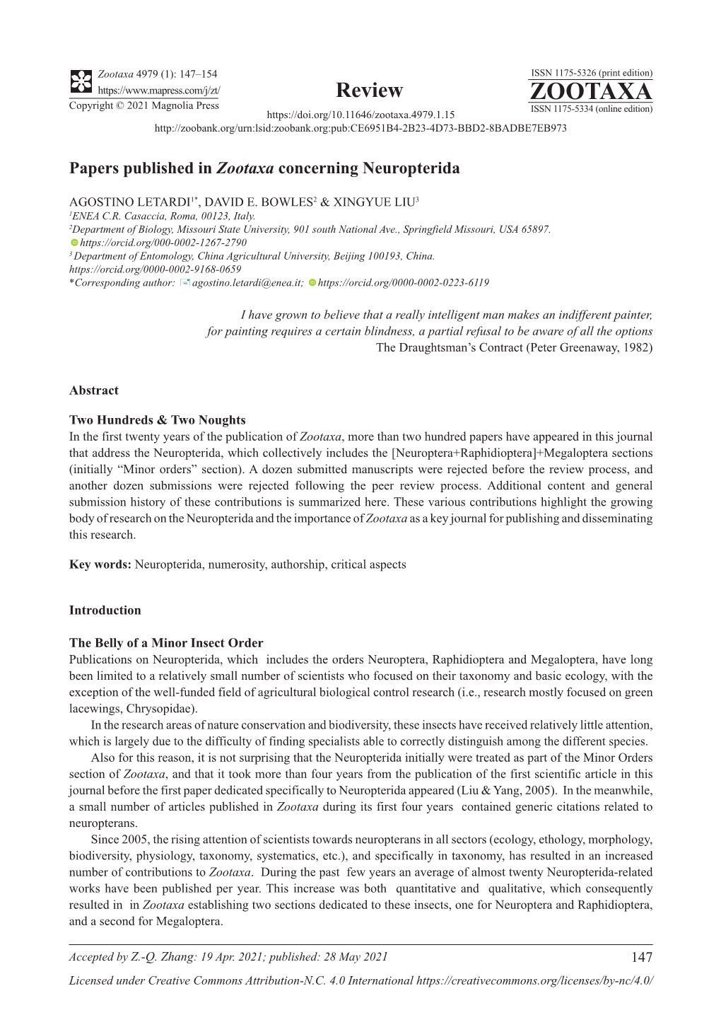 Papers Published in Zootaxa Concerning Neuropterida