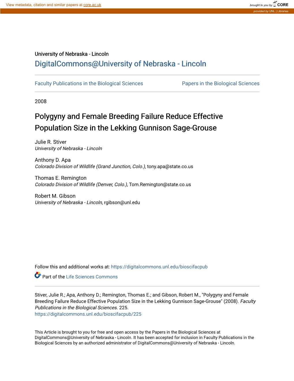 Polygyny and Female Breeding Failure Reduce Effective Population Size in the Lekking Gunnison Sage-Grouse