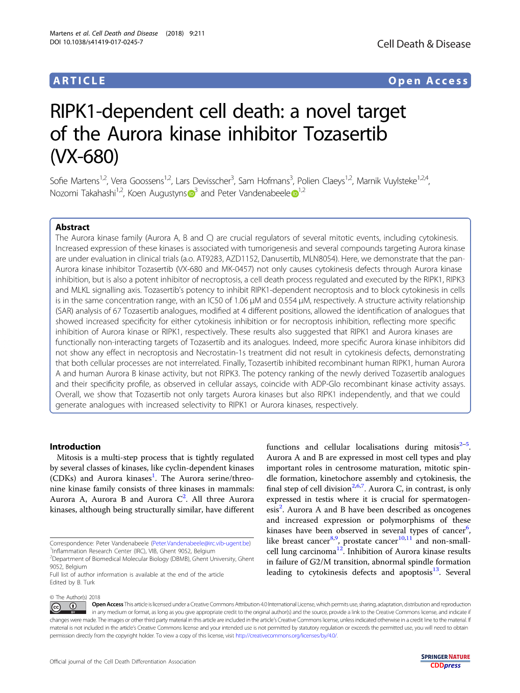 A Novel Target of the Aurora Kinase Inhibitor Tozasertib (VX-680)