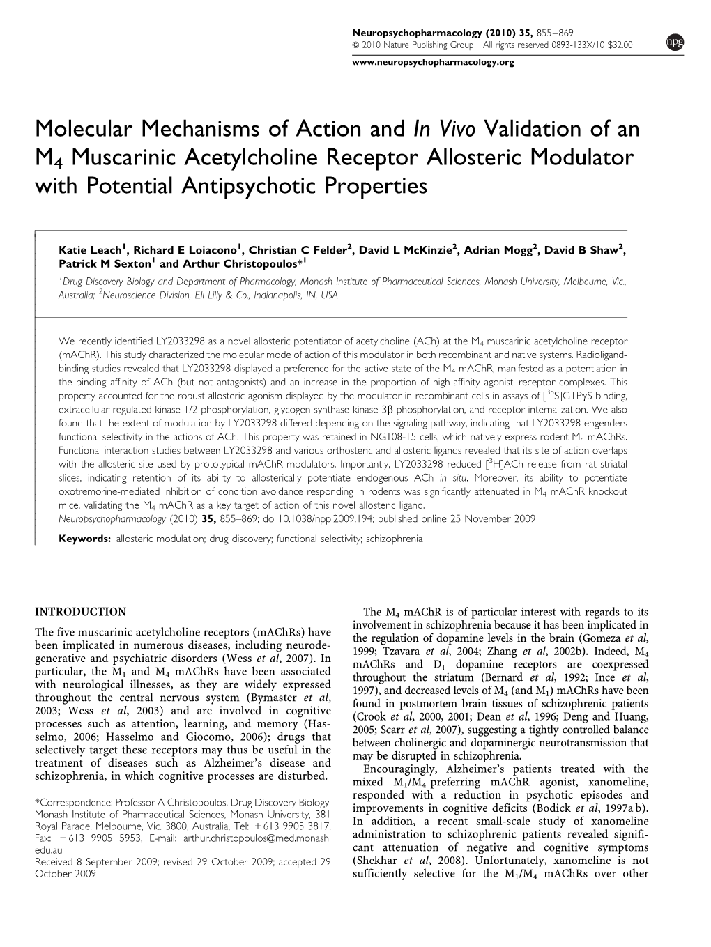 Molecular Mechanisms of Action and in Vivo Validation of an M4 Muscarinic Acetylcholine Receptor Allosteric Modulator with Potential Antipsychotic Properties