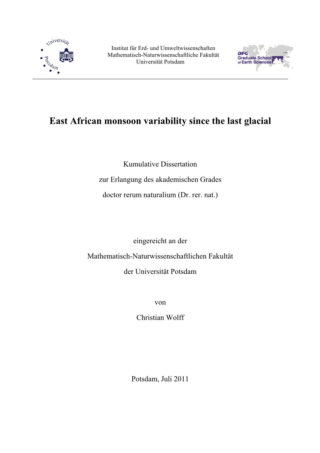 East African Monsoon Variability Since the Last Glacial