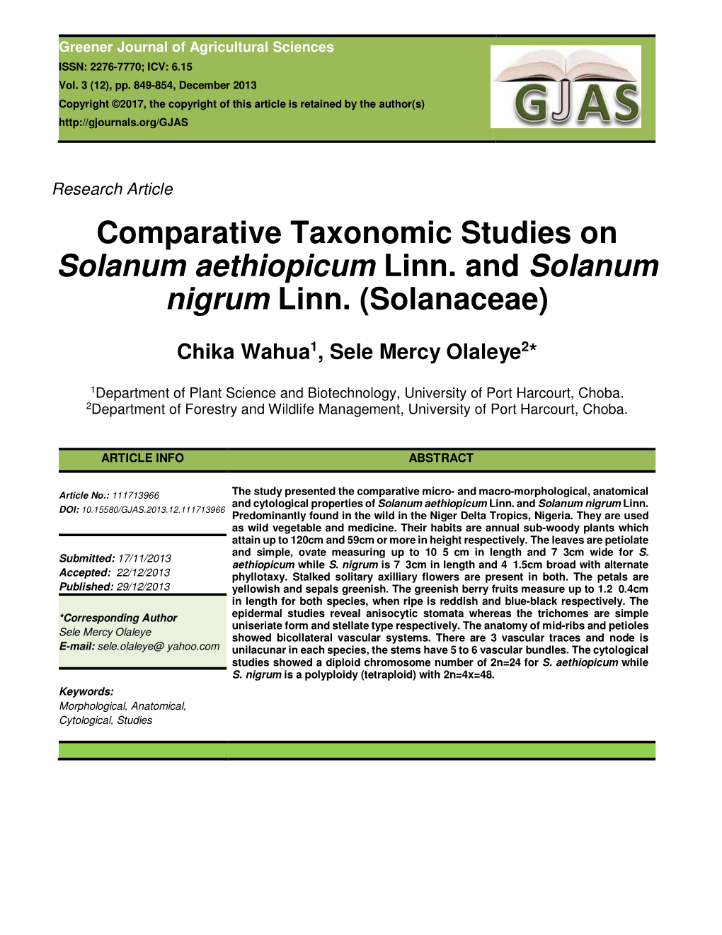 Comparative Taxonomic Studies on Solanum Aethiopicum Linn. and Solanum Nigrum Linn