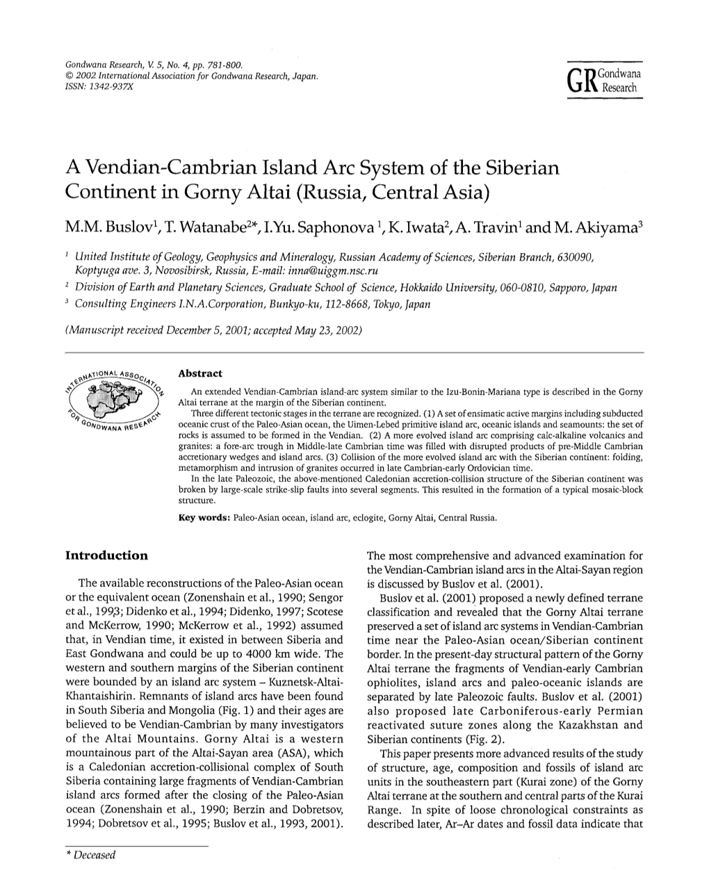 A Vendian-Cambrian Island Arc System of the Siberian Continent in Gorny Altai (Russia, Central Asia)