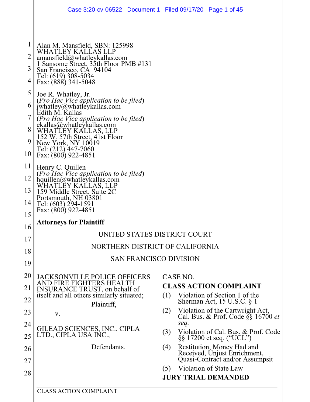 125998 WHATLEY KALLAS LLP 2 Amansfield@Whatleykallas.Com 1 Sansome Street, 35Th Floor PMB #131 3 San Francisco, CA 94104 Tel: (619) 308-5034 4 Fax: (888) 341-5048