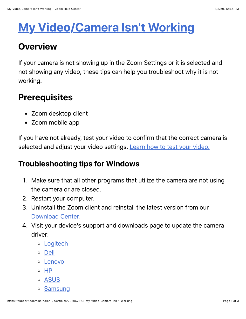 My Video/Camera Isn't Working – Zoom Help Center 8/3/20, 12:54 PM My Video/Camera Isn't Working Overview
