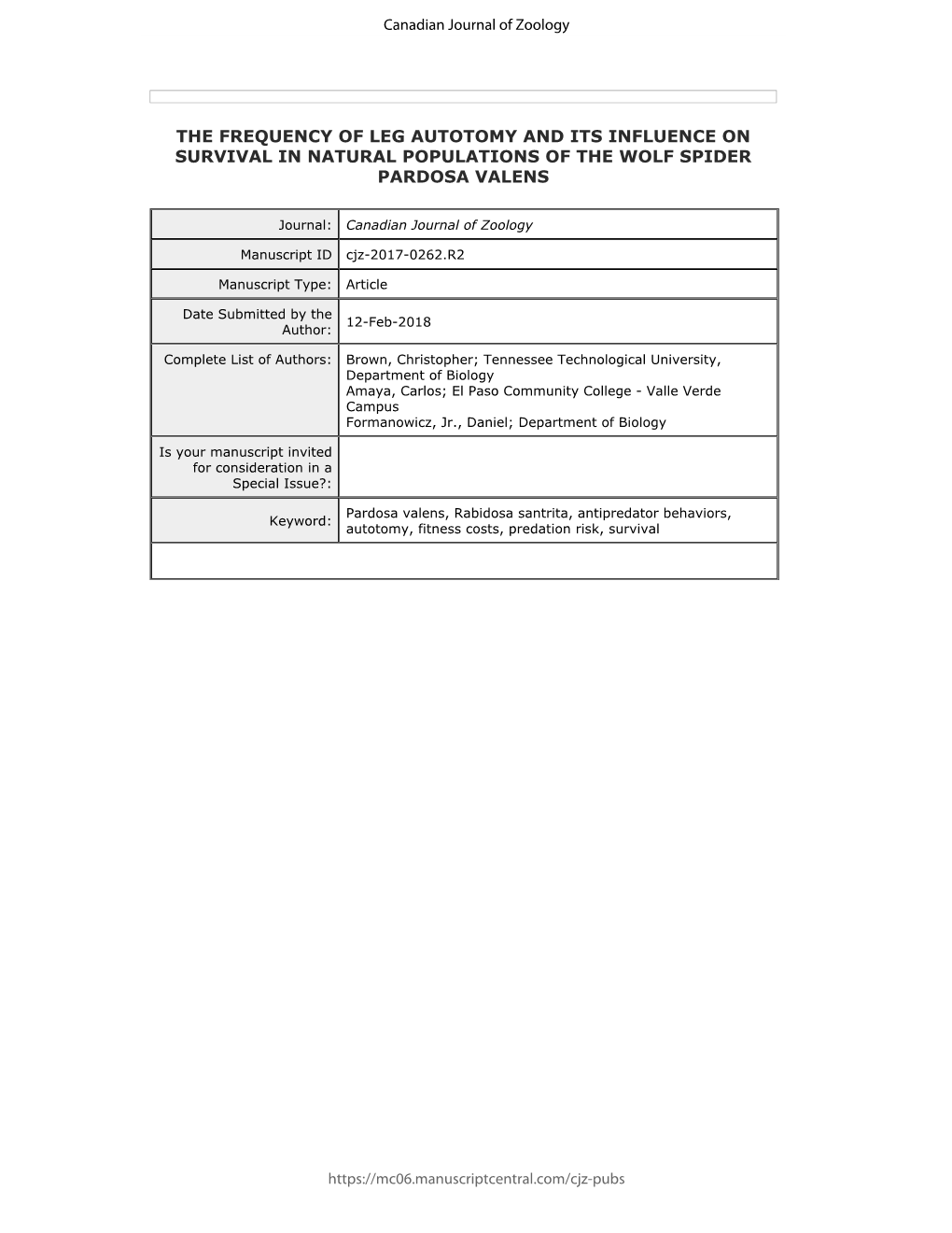 The Frequency of Leg Autotomy and Its Influence on Survival in Natural Populations of the Wolf Spider Pardosa Valens