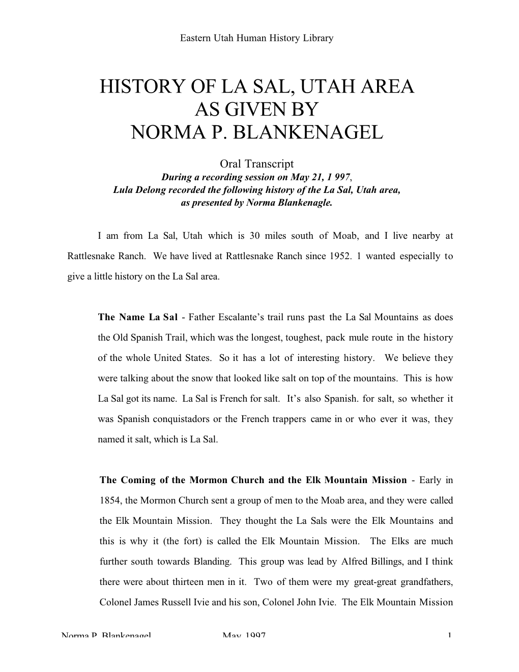 History of La Sal, Utah Area As Given by Norma P