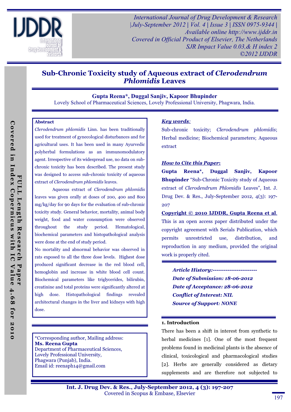 Sub-Chronic Toxicity Study of Aqueous Extract of Clerodendrum Phlomidis Leaves
