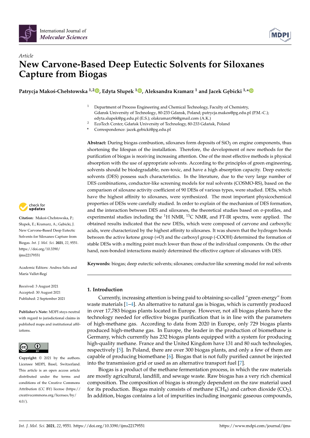 New Carvone-Based Deep Eutectic Solvents for Siloxanes Capture from Biogas