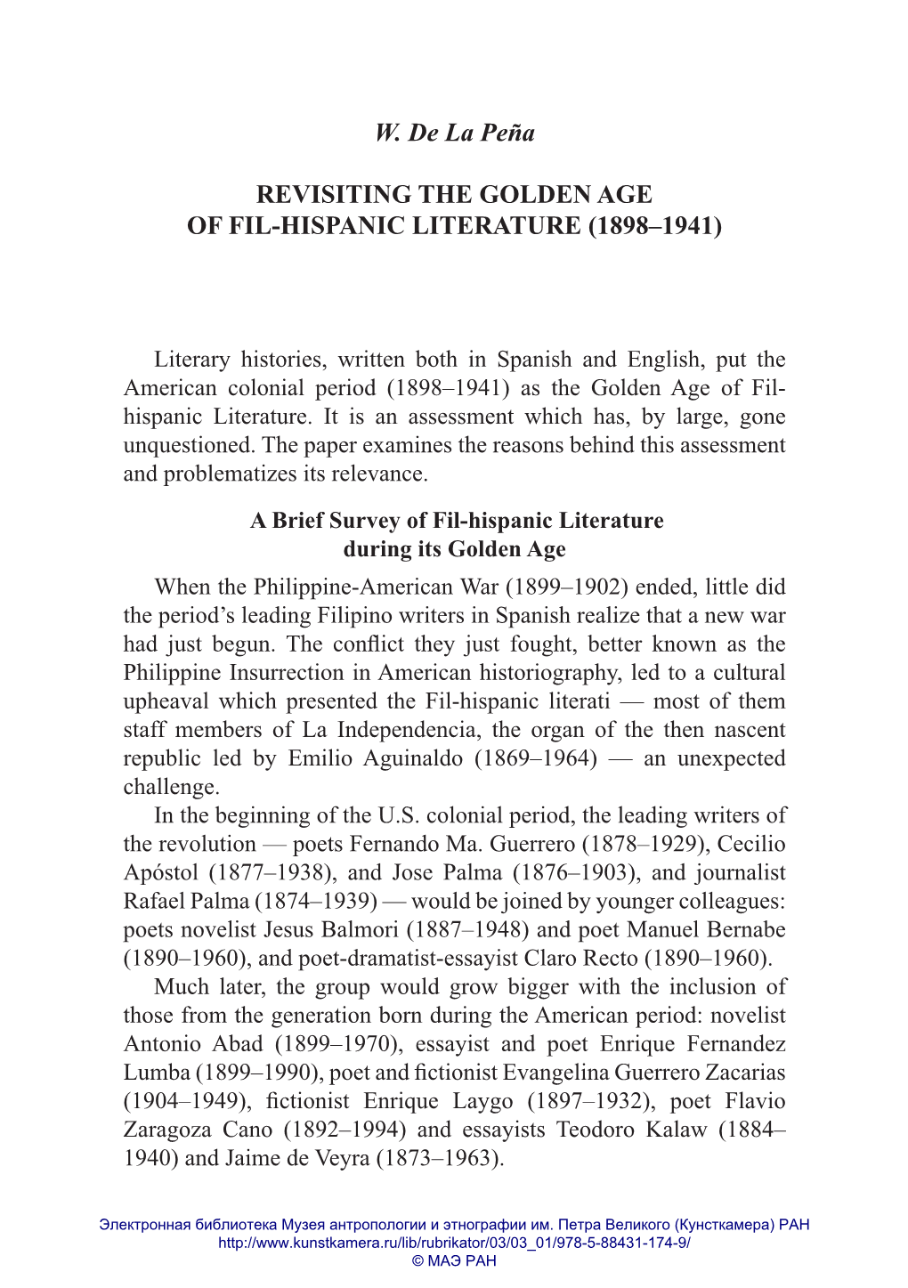 W. De La Peña REVISITING the GOLDEN AGE of FIL-HISPANIC